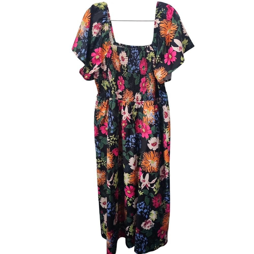 Bloomchic Floral Smocked Maxi Dress Black Multi Color Flutter Sleeve Size 14-16